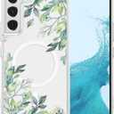 RALEAVO for Samsung Galaxy S22 Case Compatible with MagSafe Clear Floral Cover with Green Leaves Pattern for Girls Women Slim Cute Hard Back Shockproof for S22 5G Phone Case,Transparent