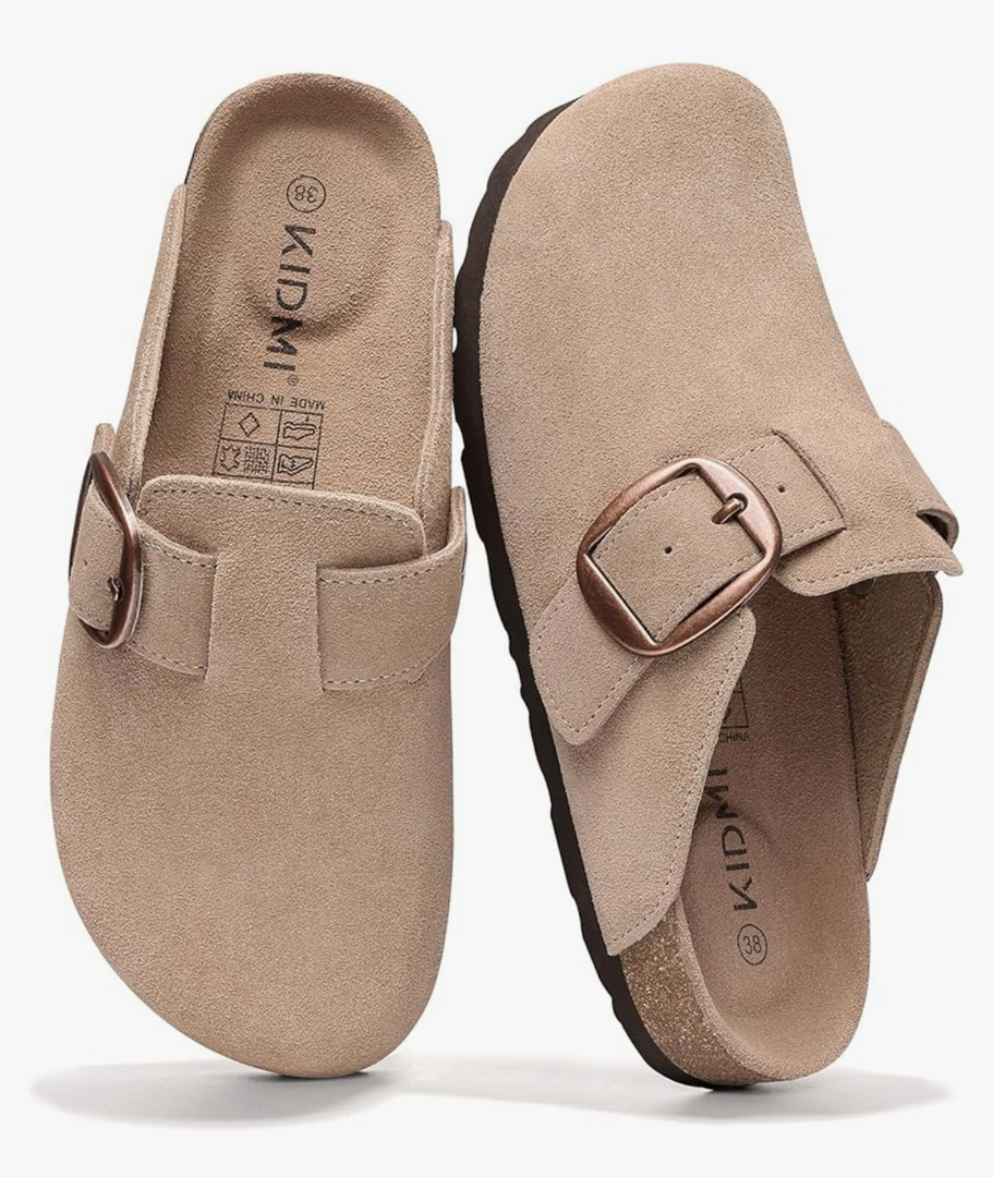 KIDMI Genuine Suede Clogs for Women Memory Foam Cork Footbed Potato Shoes Slip On Leather Mules with Big Buckle, Size 40