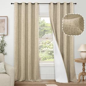 100% Blackout Curtains for Living Room/Bedroom 84 Inch Length 2 Panels Set, Thermal Insulated Bronze Grommet Boho Light Blocking Faux Linen Window Drapes White Liner, Each 52" Wide, Burlap