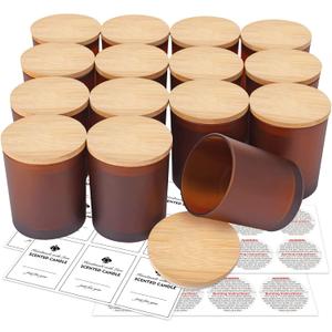 15 Pack Candle Glass Jars- 7oz Frosted Amber Empty Candle Jar with Bamboo Lids and Sticky Labels, Matte Brown Candle Jars in Bulk for Making Candle Containers - Dishwasher Safe-7 fl.oz