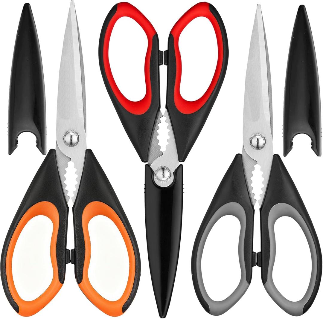 Kitchen Scissors All Purpose 3 Pack - Heavy Duty Stainless Steel Cooking Shears for Cutting Meat, Food, Fish, Poultry Multipurpose Sharp Sissors for Dishwasher Safe, with Protective Sheath