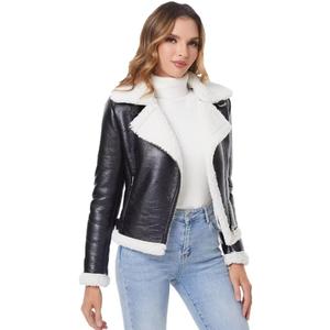 DIASHINY Women's Faux Shearing Fur Winter Coat Warm Thick Fur Lined Faux Leather Jacket (039 Black-white)