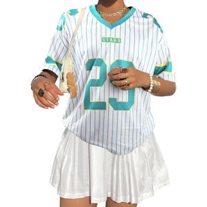 Jersey Shirts for Women Oversized: Y2K V Neck Striped Number Graphic Jersey Y2K Streetwear Short Sleeve Tee Tops (XXL)