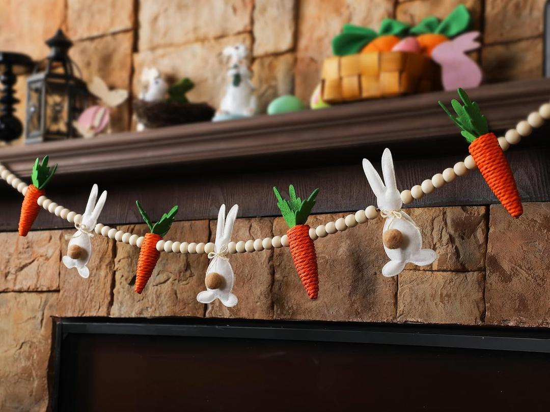 DoubleFill 6.56Ft Happy Easter Banner Cute Garland Large Rabbits Bunny with Carrot Wooden Beads Rustic Felt Easter Banner Decoration for Mantle Fireplace Tree Window Spring Decor Tiered Tray