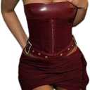 Sexy Two Piece Outfits for Women Off the Shoulder Leather Tube Top High Waist Ruched Mini Skirt Set Vacation Outfits (Large, Claret)