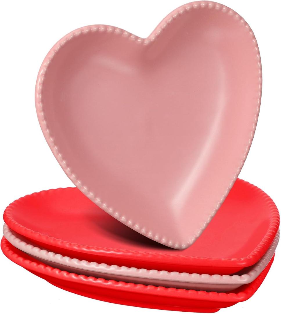 4 Set Heart Shaped Plates Ceramic Salad Cute Plate Set Steak Elegant Dinner Dish 6.9 Inch Dessert Tray Serving Dish Dessert Appetizer Snacks for Mother's Day Anniversary Wedding(Red and Pink)