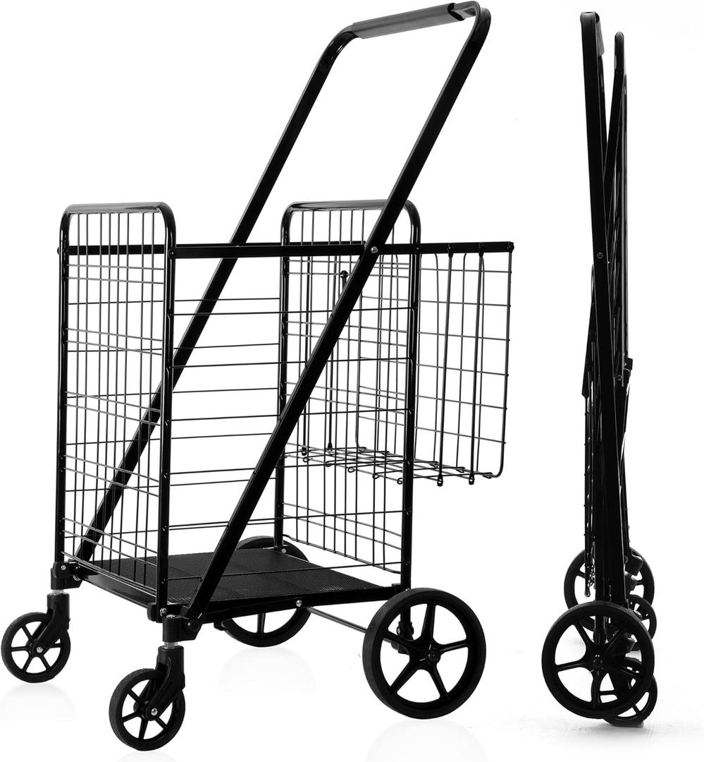 Folding Shopping Cart, Grocery Cart, 450 Lb Capacity, Utility Cart with 360 Rolling Swivel Wheels, Extra Large & Extra Basket