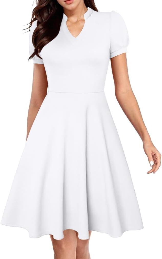XXTAXN Womens Sexy Short Sleeve V Neck High Waist Cocktail A Line Midi Swing Dress (White) S