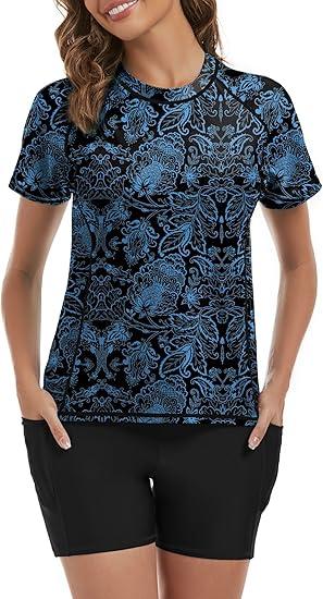 Tournesol Women's Rash Guard 2 Piece Short Sleeve Swim Shirt with Shorts Swimsuit with Bra Bathing Suit Plus Size with Pocket 2XL Pocket & Blue Flower