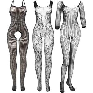 Tisancy 3 Pcs Women's Fishnet Lingerie Plus Size Mesh Bodysuit Lingerie for Women (Black)