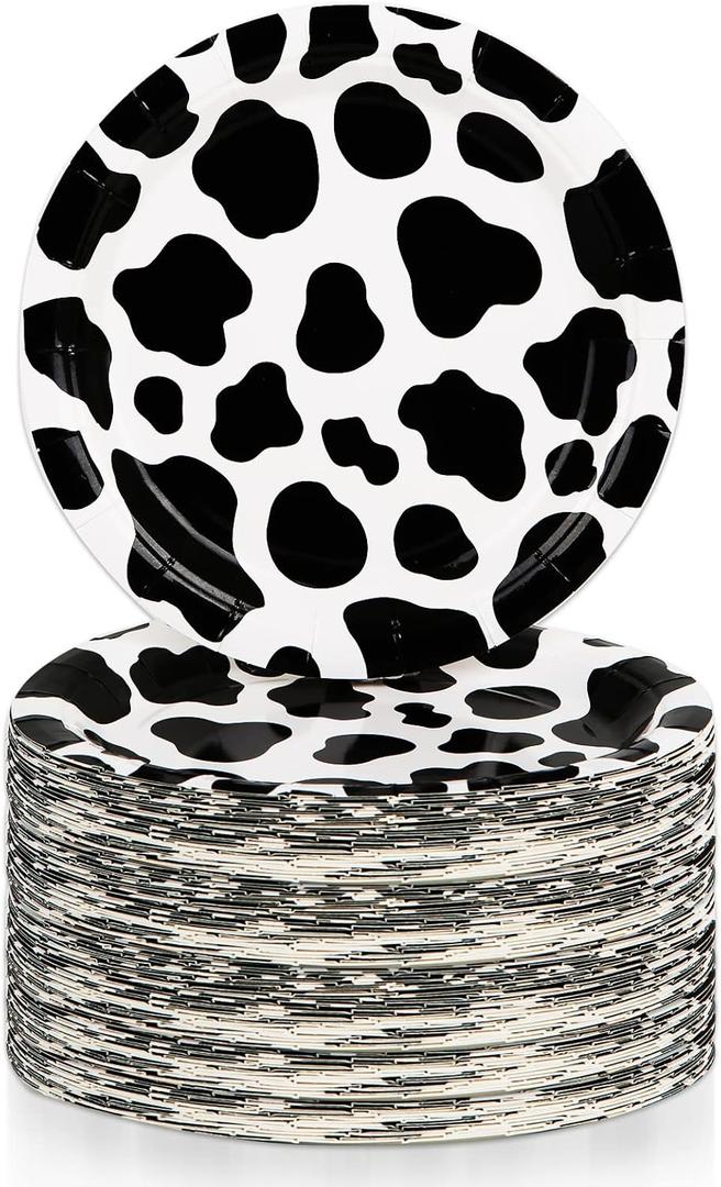100 Pcs Cow Print Plates 7 Inch Cow Print Paper Party Supplies Disposable Dinner Dessert Plate Cow Theme Birthday Party Baby Shower Picnic Decorations (White)