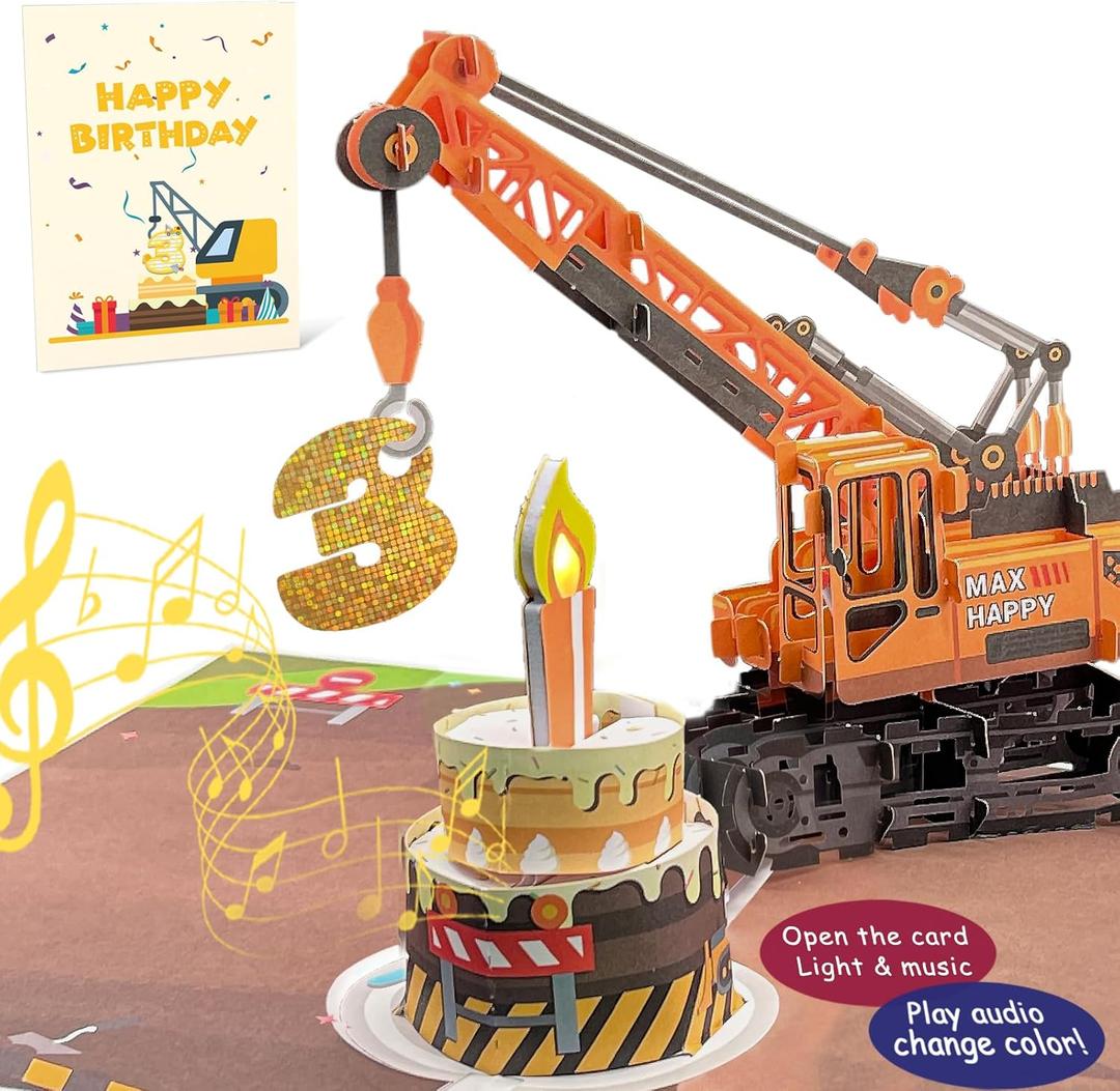 3D Greeting Pop Up 3rd Birthday Card with light and music, Crane Truck card For Boy, Nephew, Grandson, Son, Toddler, with Envelope, Message Card - Open it play: plays hit song 'Happy Birthday'