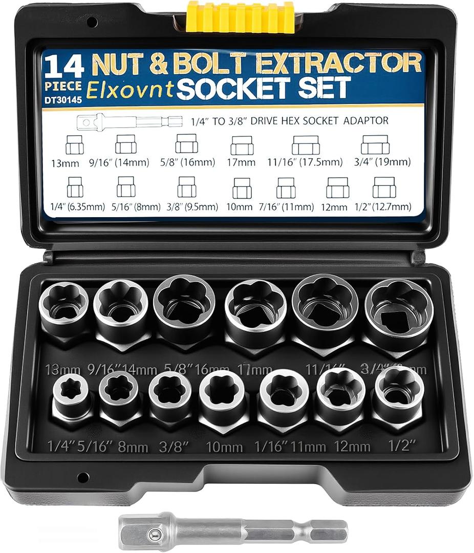 Bolt Extractor Kit, 14Pcs Cr-Mo Steel Bolt Extractor Set, 3/8" Drive Impact Bolt & Nut Remover Socket Tool Kit, Stripped For Damaged, Frozen, Studs, Rusted, Rounded-Off Bolts, Nuts & Screws