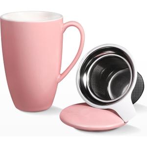 Fashionwu 16 Ounces Tea Mugs with Infuser and Lid, Ceramic Coffee Mug for Loose Leaf, Coffee, Cocoa and Milk, Office Home Tea Gift for Tea Lovers, Pink