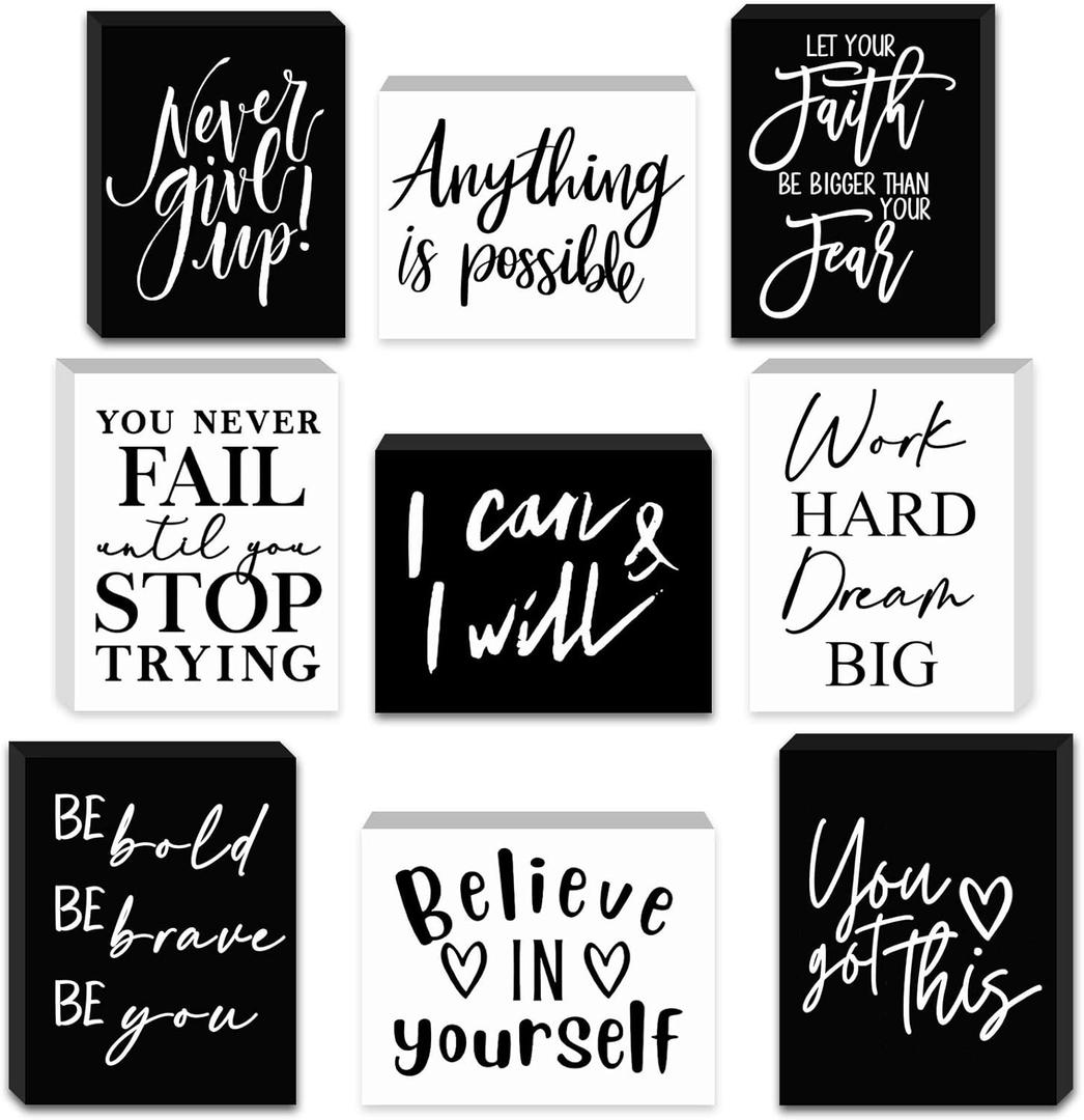 Yulejo 9 Pcs Mini Inspirational Wooden Signs Office Desk Decor Valentines Day Gifts Positive Motivational Quotes Table Decor Bathroom Shelf Cheer up (3.5 x 2.5 x 0.47 Inch, Black, White)