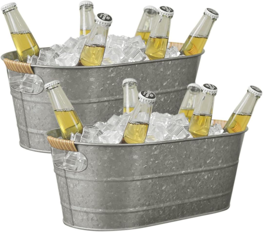 Ice Bucket Galvanized Tub, 2 Pcs 3 Gallon Oval Beverage Tub, Drink Buckets for Parties, Metal Bucket with Rattan Handle for Beer Whiskey and Cocktails (Galvanized) (S: 15.86 x 9.2 x 6 inch)