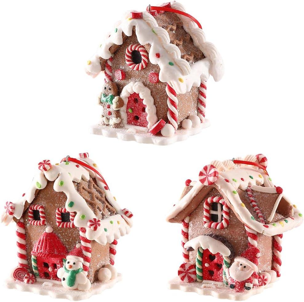 UAEYW 3Pcs Gingerbread House Ornaments for Christmas Tree Decorations Battery Operated Lighted LED Clay Hanging Candy House Ornament with Rope for Xmas Holiday Party New Year Home Decor