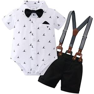YUEMION Infant Baby Boy Clothes Gentleman Outfits Suits Summer Short Sleeve Bowtie Bodysuit Shirts + Suspender Shorts (3-6M)