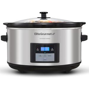 Elite Gourmet MST-900D 8.5Qt Digital Programmable XL Jumbo Slow Cooker, Adjustable Temp, Entrees, Sauces, Stews & Dips, Dishwasher Safe Glass Lid & Crock, Stainless Steel