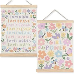 URLLUAE Girls Nursery Wall Decor, Colorful Flower Girly Wall Art With Wooden Poster Hanger, Pastel Floral Inspirational Canvas Prints Posters for Girls Room Nursery Playroom, 12x16 Inch, Set of 2