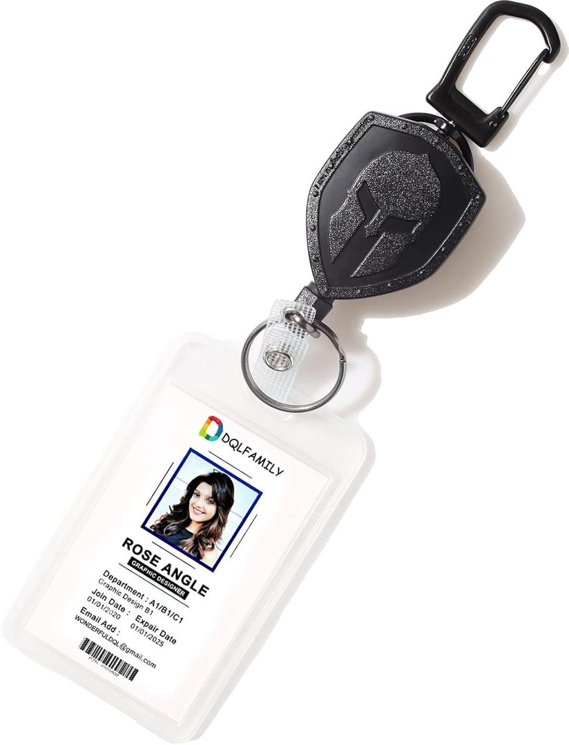 DQL Retractable Carabiner for Keys, Cool Spartan Desgin ID Holder, Heavy Duty Carabiner Badge Reel Keychain with Work Badge Holder (1 Pack)