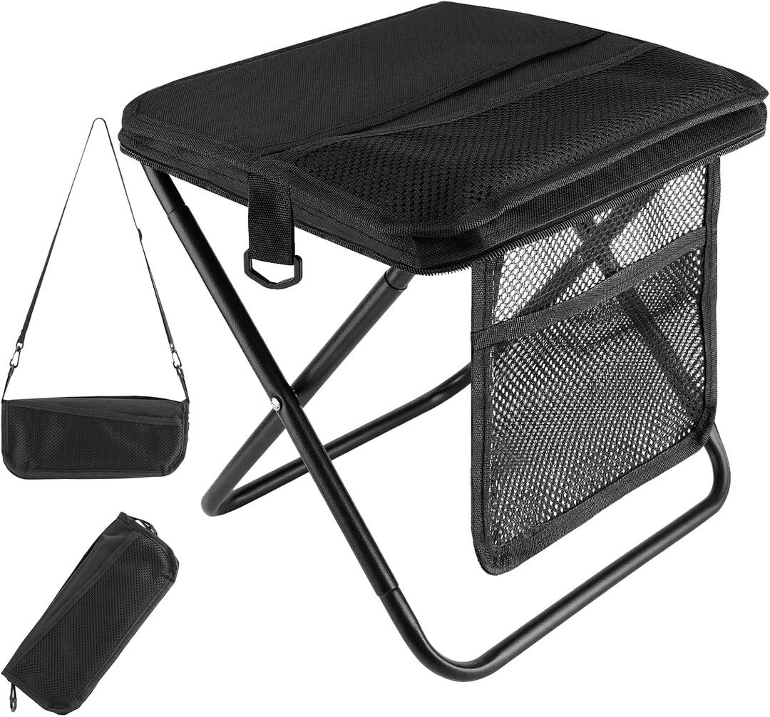 Portable folding stool with dual storage pockets and side pockets Compact adult-sized portable stool, ideal for camping, hiking, outdoor activities and events Maximum weight capacity 400 lbs (Black)
