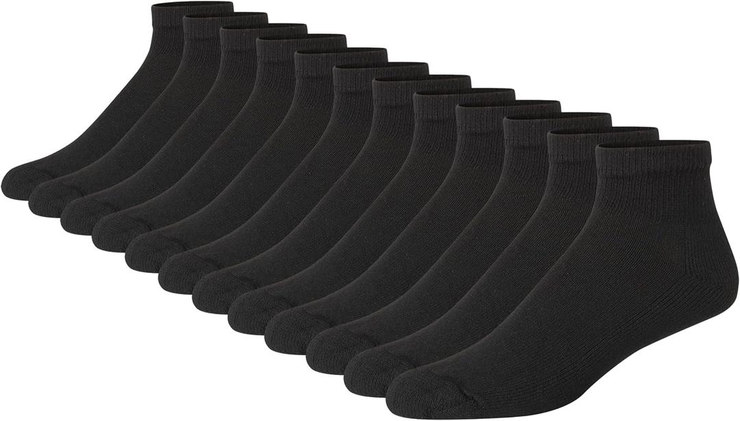 Hanes Men's Double Tough Socks, Crew and Ankle Moisturing Wicking Socks, Black & White, Multi-Packs (6-12, Black - 14 Pair)