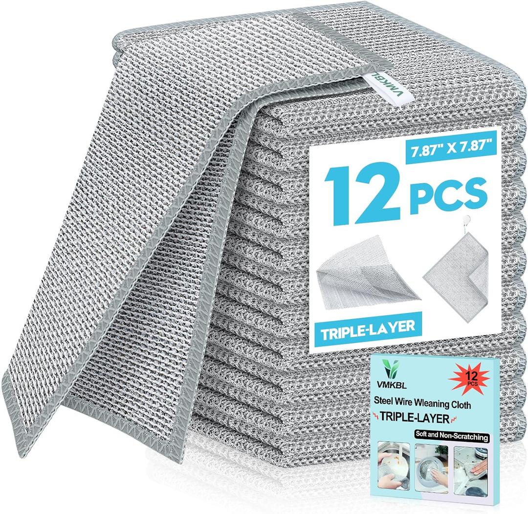 5 x 12 Pcs New Upgraded 3 Layers Non Scratch Wire Dishcloth, Multipurpose Wire Dishwashing Rags, Wet & Dry for Cookware, Sinks, Dishes, Stoves & Fireplaces (7.87 x 7.87-12pcs)