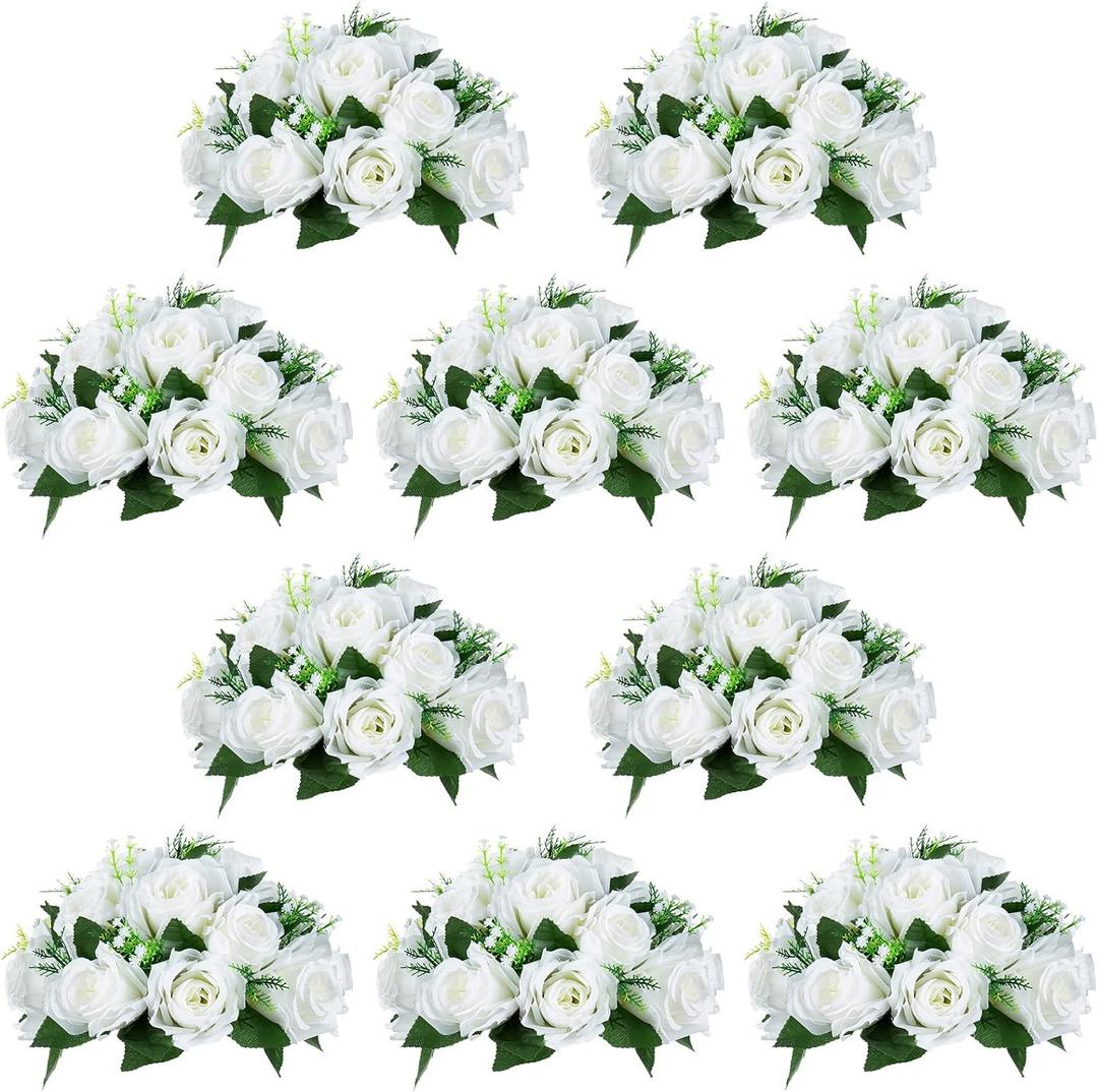 NUPTIO 10 Pieces White Fake Flower Ball Arrangement Bouquet 15 Heads Plastic Roses with Base, Suitable for Wedding Centerpiece Flower Rack for Parties Home Dcor