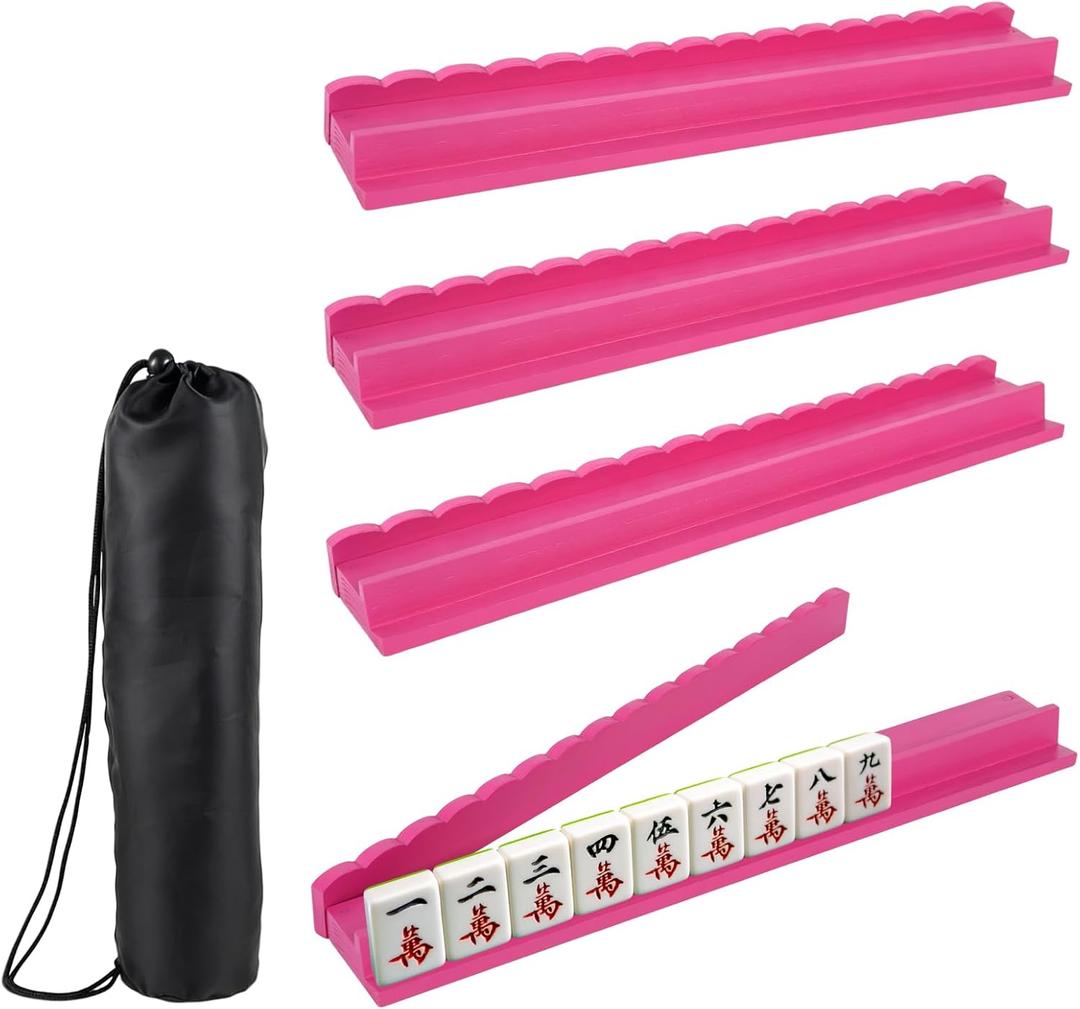 AQQHSAIN 4 Pcs Mahjong Racks with Pushers Wooden American Mahjong Tile Rack Set Magnetic Scalloped Organizing Tiles Holders with Storage Bags 17.3 Inch Mahjong Accessories for Players Gift (Rose Red)