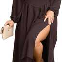 SCOMCHIC Women's Plus Size Fall Dresses Long Sleeve Square Neck Smocked Flowy A-Line Formal Wedding Guest Maxi Dress (Brown, XXXL)
