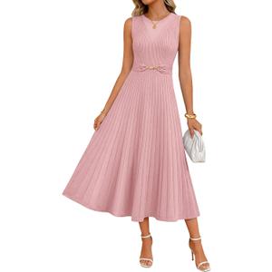 ZESICA Womens Spring Sleeveless Midi Sweater Dress 2026 Summer Casual Pleated A Line Flowy Knit Long Dresses with Belt (Pink, M)