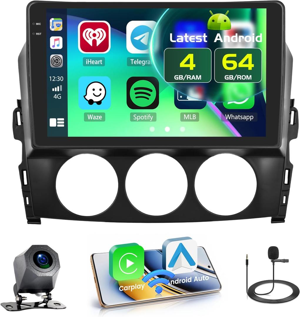 4+64GB Android 15 Car Stereo for Mazda MX-5 Miata 2006-2015 Wireless Carplay Android Auto, 9 Inch Incell Touch Screen Car Stereo with GPS, Backup Camera, Bluetooth, FM/RDS, EQ, WiFi, SWC