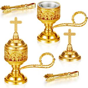 Zonon 2 Sets Incense Burner with Tong, Frankincense Charcoal Incense Stand Holder, Ideal for Yoga, Spa, Aromatherapy, Home and Christian Church Censer (Gold,Classic)