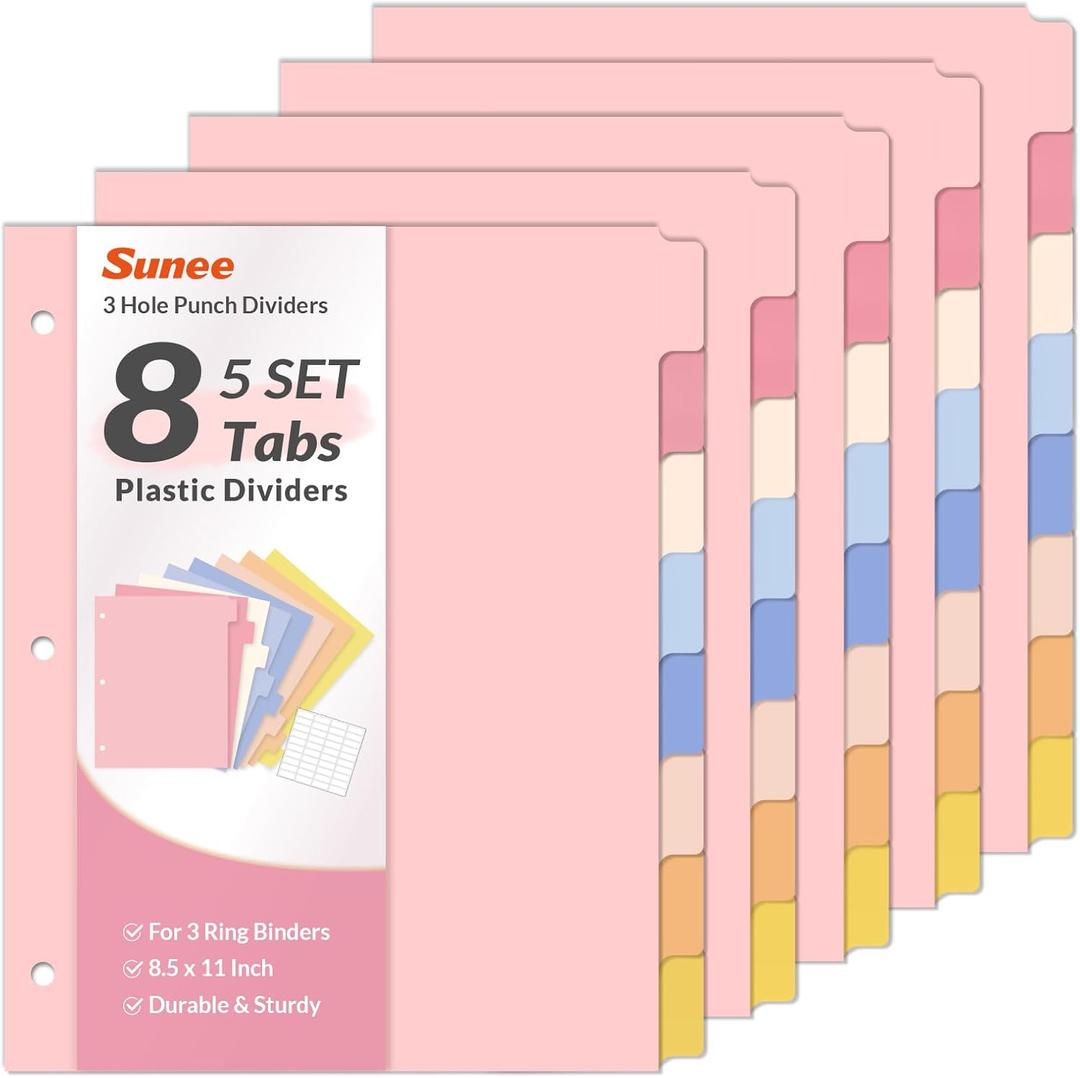 SUNEE 8 Tab Binder Dividers,Plastic Dividers for 3 Ring Binder,3 Ring Binder Dividers with Tabs for School Office Home Supplies,Pastel Color, 5 Set