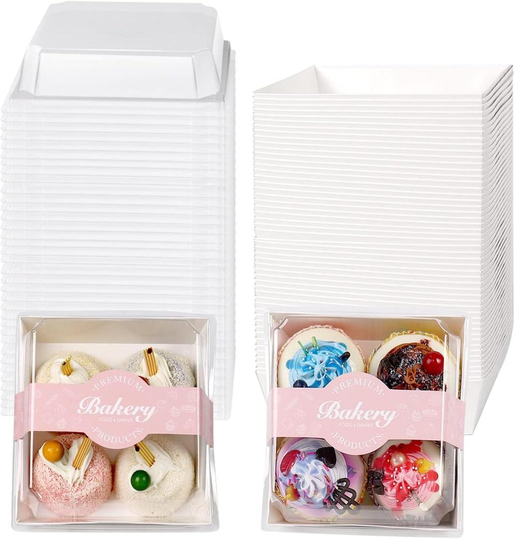 50 Pack Charcuterie Boxes with Clear Lids, 5.3x4.9x2.5 Inches Disposable To Go Food Containers with 50 PCS Stickers, Square Cookie Boxes for Slice Cake, Sandwich, Strawberries (White)