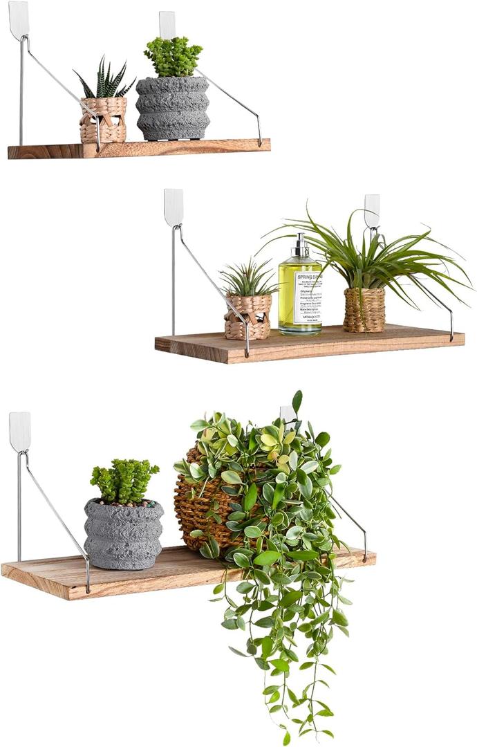 MITIME Floating Shelves Set of 3 Rustic Solid Wood Floating Shelf Wall Storage Shelves for Living Room, Bedroom, Bathroom, Kitchen Laundry, Office, no Drill Shelf (Light Color L+M+S)
