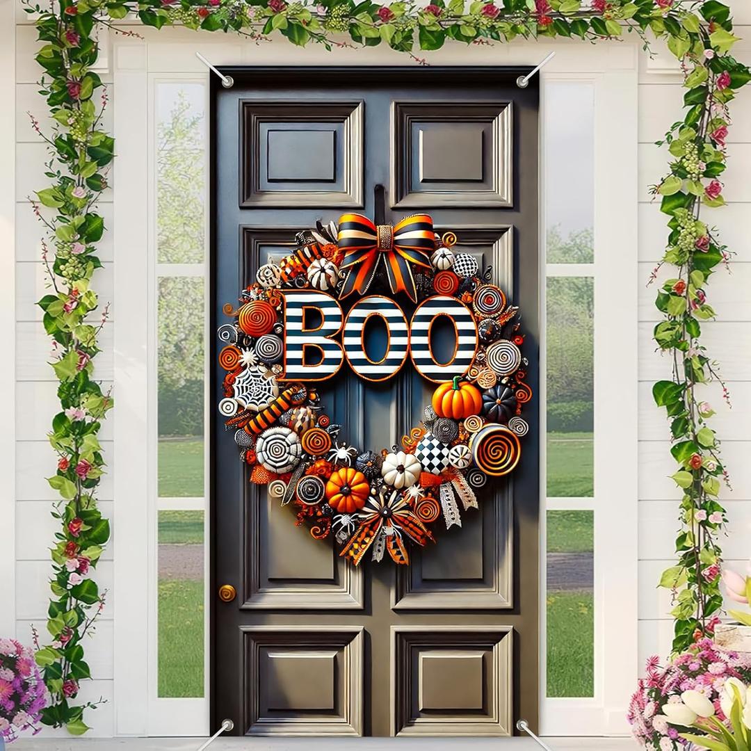 2 x Halloween Door Banner Set 35x71 Inch with Pumpkins Spiders Black White Orange Swirl Ribbons Home Porch decoration spooky boo halloween decor front door party holiday decoration