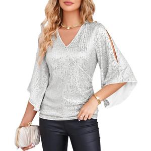Women Sequin Tops 3/4 Sleeve Glitter Glitter Party Blouse V Neck Elegant Tops for Evening Party Top Women White M