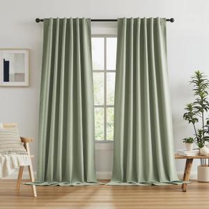 KEQIAOSUOCAI Blackout Linen Curtains 108 Inches Long, Back Tab Loop Pocket Hook Belt Long Vertical Drapes for Living Room Large Windows 50 x 108 Inch, 2 Panels, Sage Green