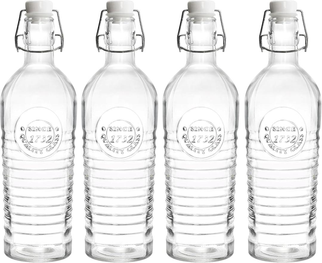 Nicunom 4 Pack Flip Top Glass Bottle, 40 Oz. / 1.2 Liter Clear Glass Pitcher Airtight Seal Swing Top Brewing Bottle for Beverages, Oils, Kombucha, Beer, Kiefer, Water, Soda