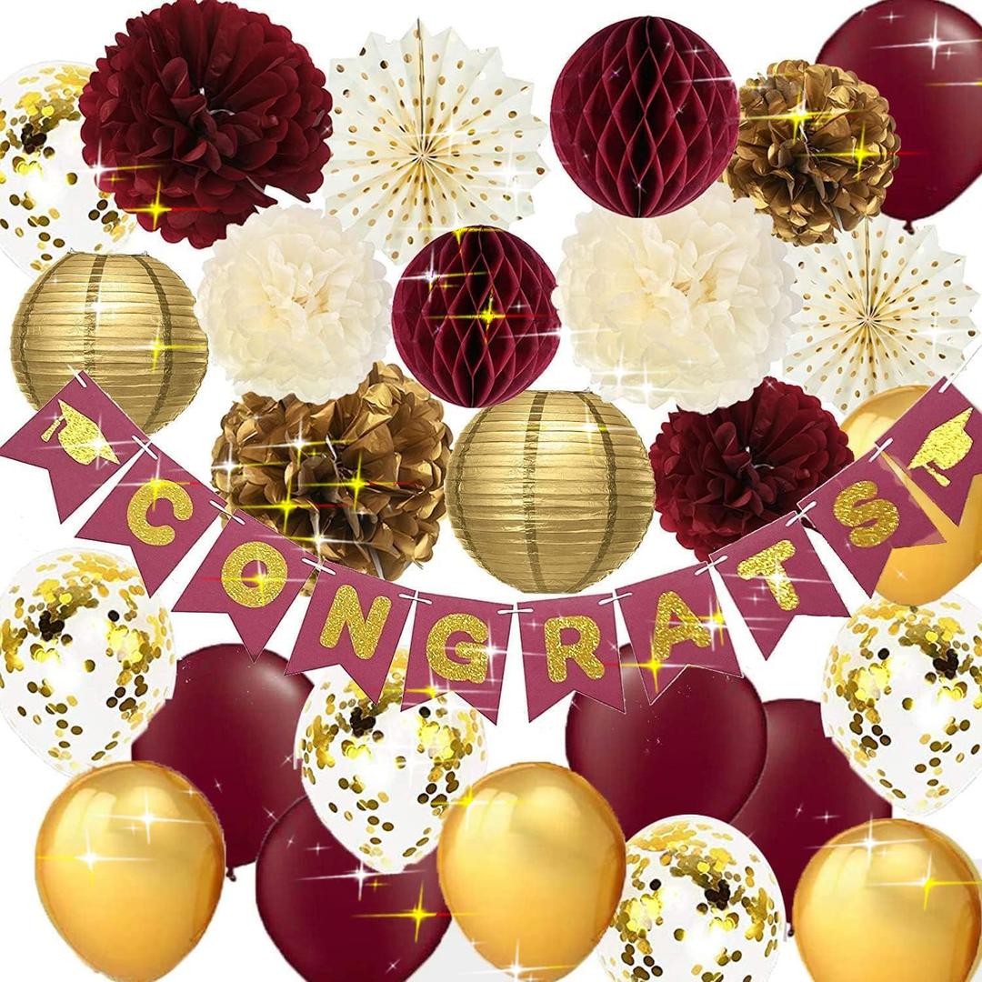 Graduation Decorations Maroon Gold 2026/Burgundy Gold Graduation Decorations Burgundy Balloons/Maroon Grad Congrats Banner/Burgundy Grad Party ASU Fsu