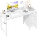 Lufeiya White Computer Desk with Fabric Drawers, 47 Inch Reversible Study Work Writing Desk for Home Office Bedroom, Simple Modern Cute PC Desks with Drawer, White