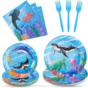 WERNNSAI Ocean Party Decorations - 64 Pcs Shark Party Plates Napkins Forks Under the Sea Theme Party Supplies Sea Animal Paper Plates Napkins for Kids Birthday Baby Shower Serves 16 Guests