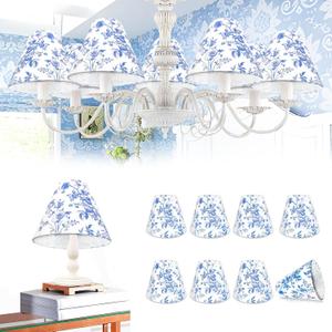 Set of 8 Small Chandelier Shade French Countryside Toile Shade 3" x 6" x 5" Lamp Chimney Cover for Table Chandelier Wall Lamp (Blue-Style 2)
