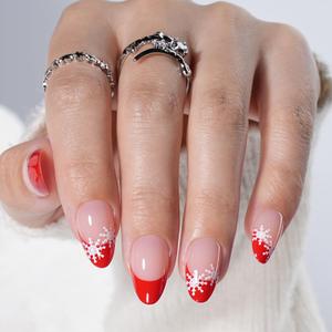 French Tip Press on Nails - Glossy Red Press on Nail with Snowflakes, Short Almond Fake Nails Reusable Nails Press ons for Women, 32 Pieces in 16 Sizes False Nails Kit with Glue, Crimson Snow