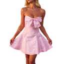 Amamcy Women's Sexy Strapless Bowknot Mini Dress Elegant Bow Flare Formal Dress Off Shoulder Wedding Dress for Women (Pink, S)