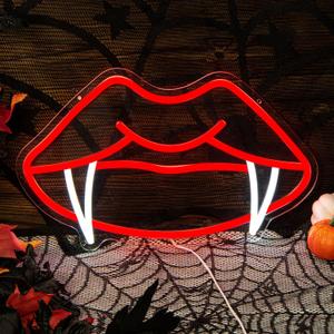 Halloween Lips Neon Sign Vampire Tooth Neon Signs for Wall Decor, Red Lips Neon Signs for Halloween Decor Bar Party Living Room, Window, Porch