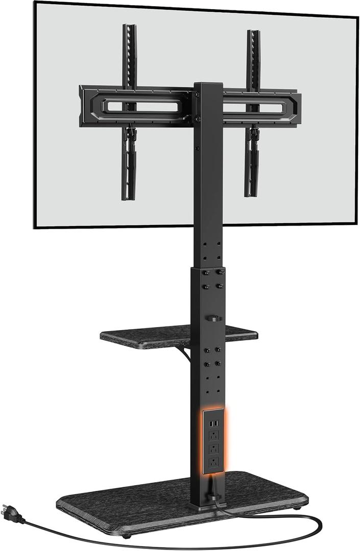 Perlegear Floor TV Stand with Power Outlet, Universal TV Stand for 32-75 inch TVs up to 110 lbs, Height Adjustable TV Stand with Swivel, Floor TV Mount Stand with Wood Base, Max VESA 600x400mm, PGFS06