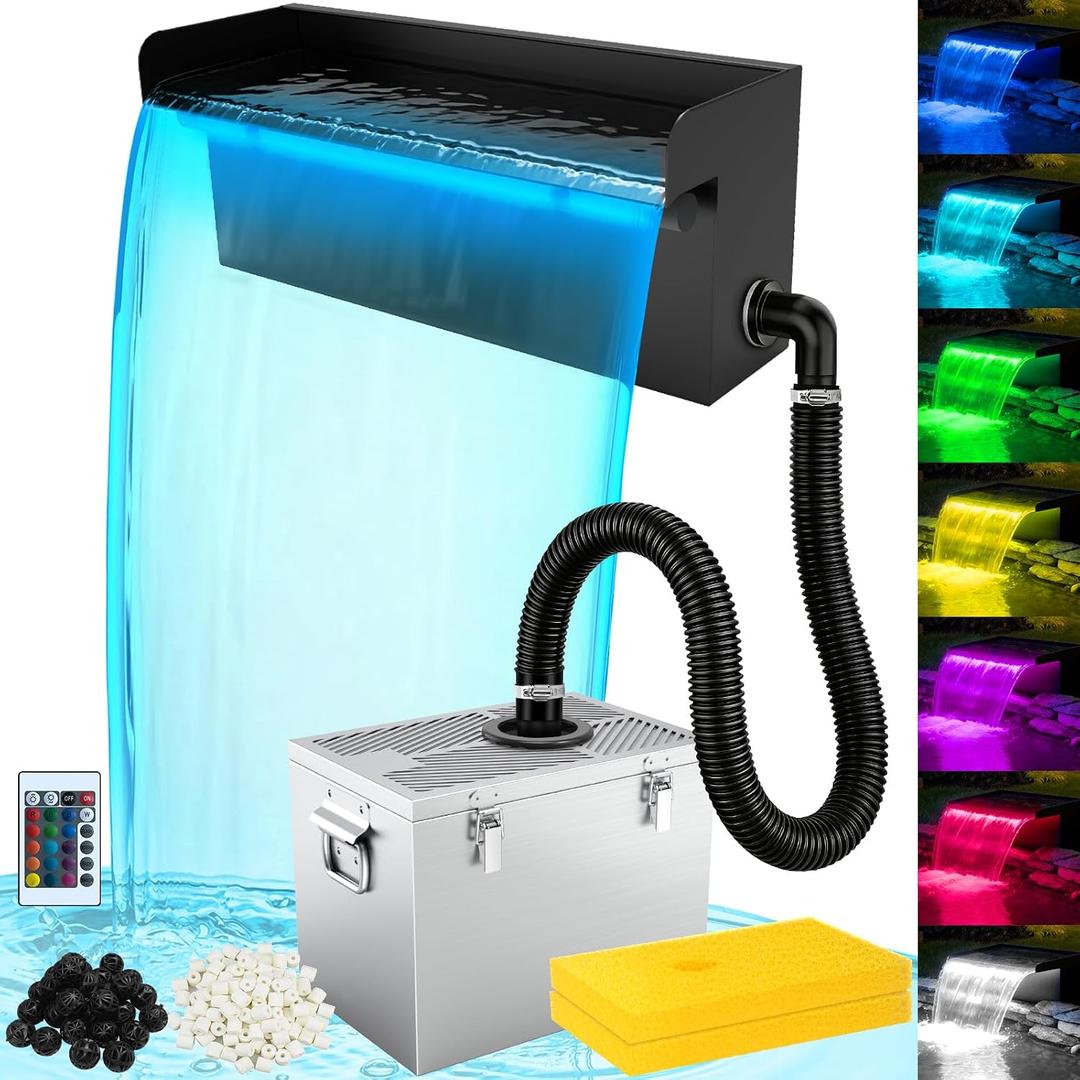 All-in-1 Pond Waterfall Kit with LED Light, 18-inch Stainless Steel Spillway with 800GPH Pump Filter Box, 3-Stage Filtration Outdoor Waterfall for Water Feature, Garden, Backyard, Pool